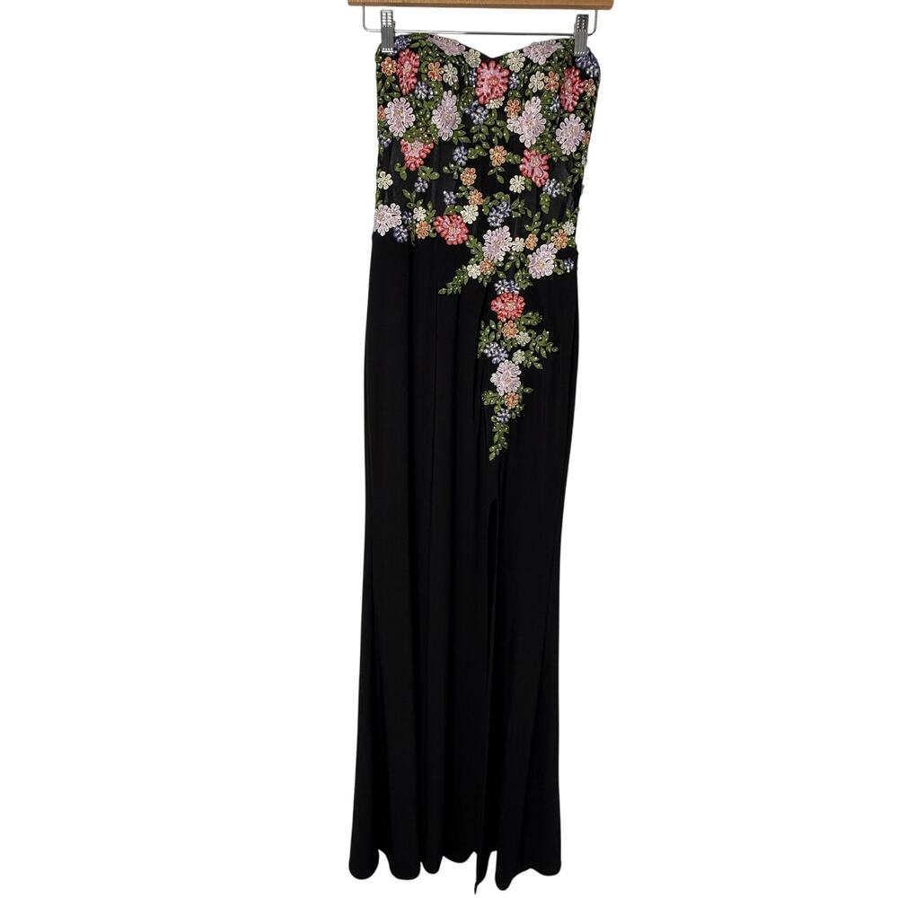 Blondie Nites Floral Embroidered Strapless Gown Black Mesh Corset Formal Dress